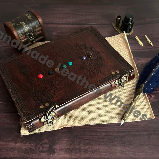 Embossed Leather Journal with Semi-Precious Stones, Handmade Writing Notebook