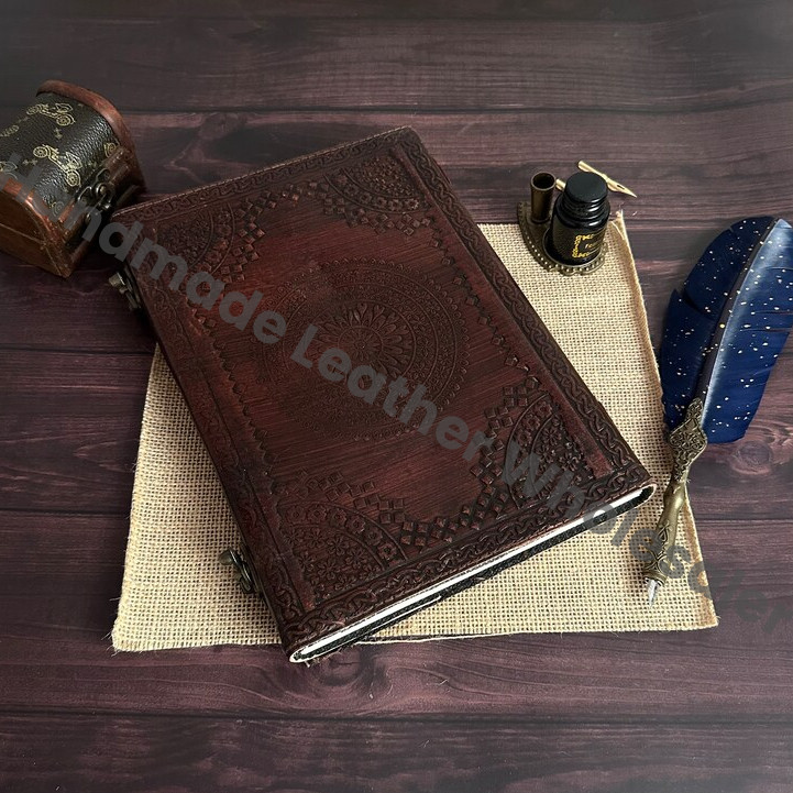 Embossed Leather Journal with Semi-Precious Stones, Handmade Writing Notebook