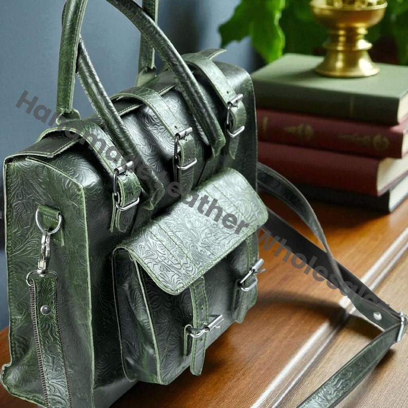 Embossed Leather Satchel Bag: Vintage Floral Design, Crossbody Tote