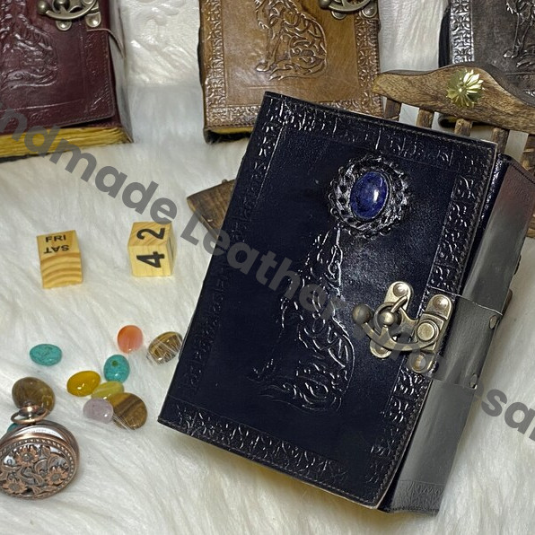 Embossed Wolf Leather Journal: Antique Stone Lock, Deckle Edge Paper
