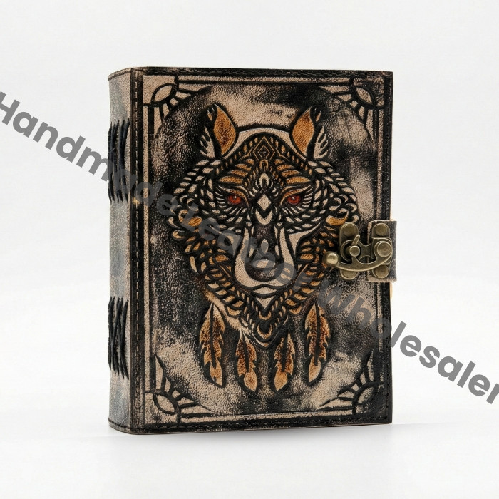 Embossed Wolf Leather Journal, Book of Shadows, Brass Lock