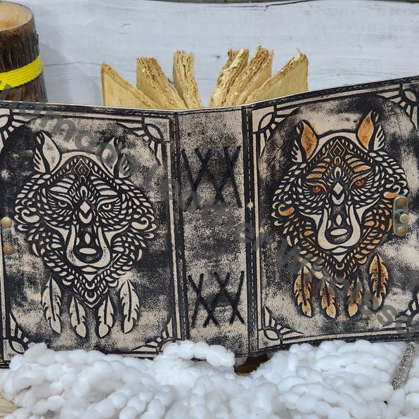Embossed Wolf Leather Journal, Book of Shadows, Brass Lock