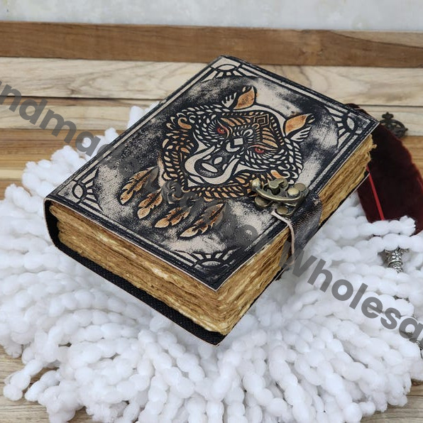 Embossed Wolf Leather Journal, Book of Shadows, Brass Lock