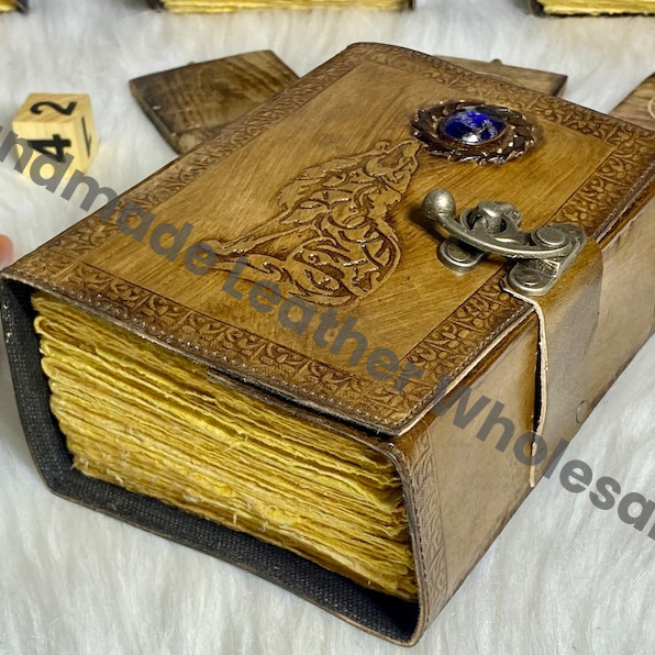 Embossed Wolf Leather Journal: Lapis Lazuli Stone, Antique Deckle Edge Paper