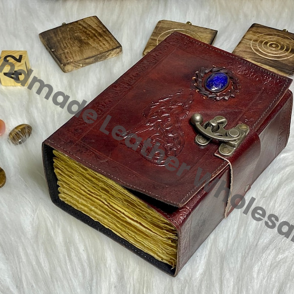 Embossed Wolf Leather Journal: Lapis Lazuli Stone, Antique Paper