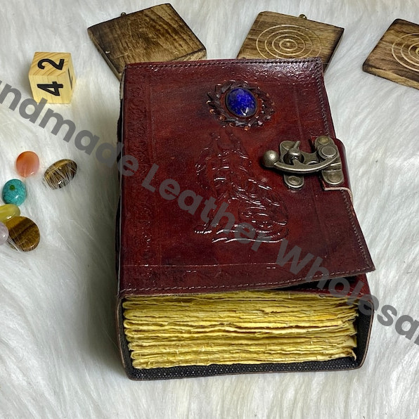 Embossed Wolf Leather Journal: Lapis Lazuli Stone, Antique Paper