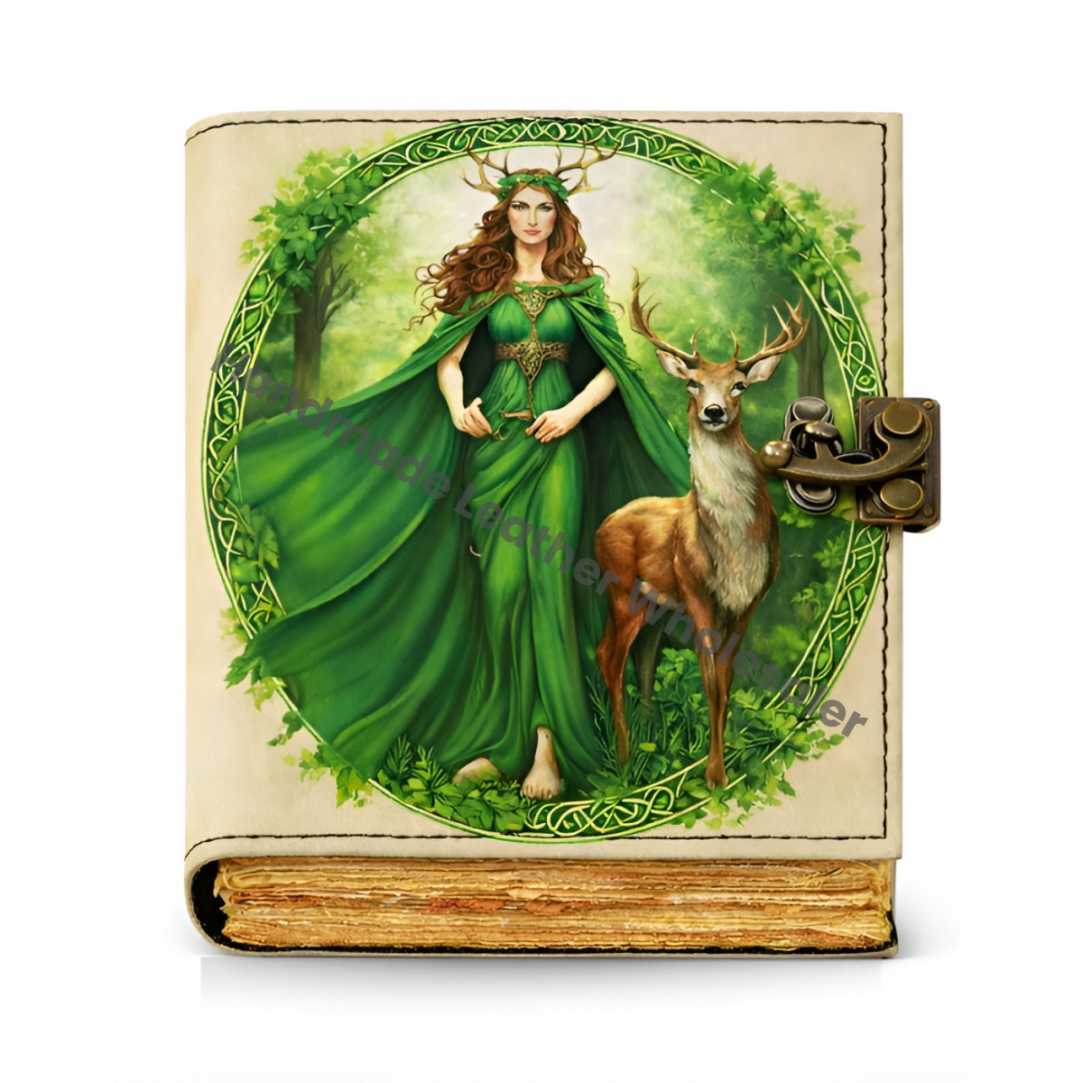 Enchanted Forest Goddess Leather Journal – Vintage Deckle Pages, Celtic Nature Diary, Handmade Witchy Grimoire, Deer Spirit Art Notebook