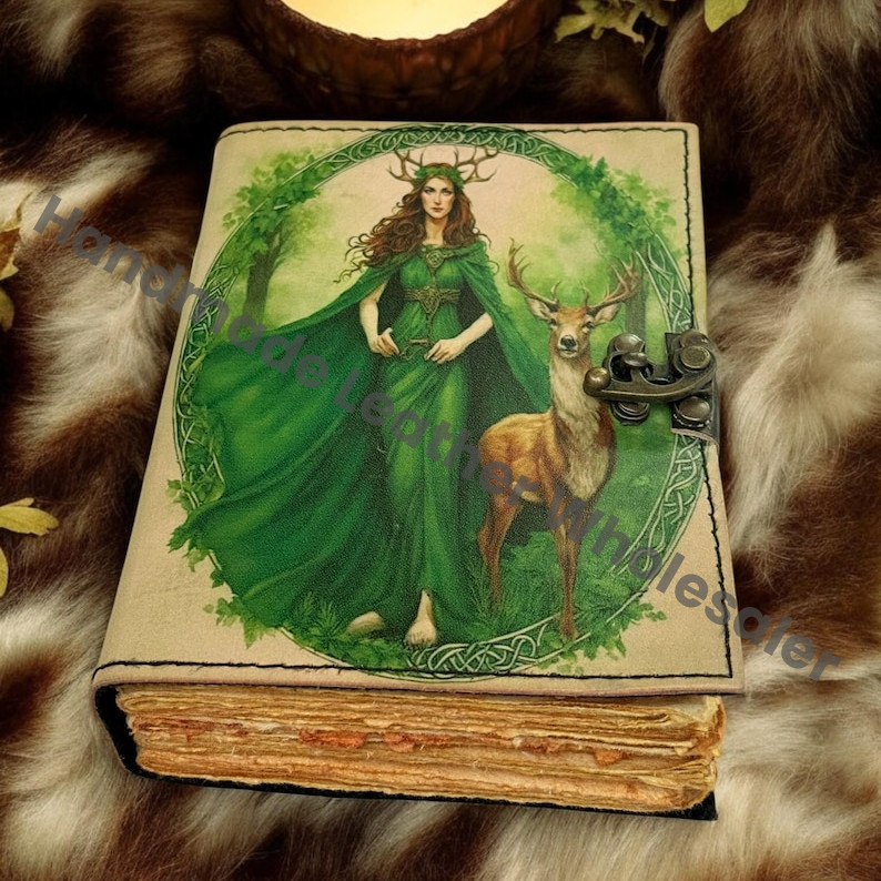 Enchanted Forest Goddess Leather Journal – Vintage Deckle Pages, Celtic Nature Diary, Handmade Witchy Grimoire, Deer Spirit Art Notebook
