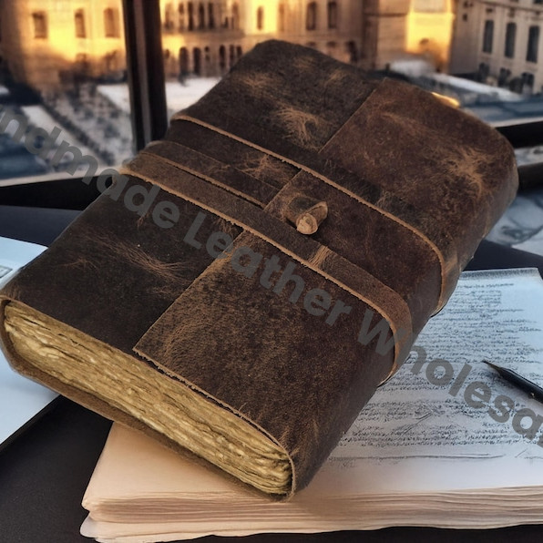 Extra Large Handmade Leather Journal - Vintage Bound Notebook - Grimoire, Writing Notebook, Rustic Deckle Edge Paper.