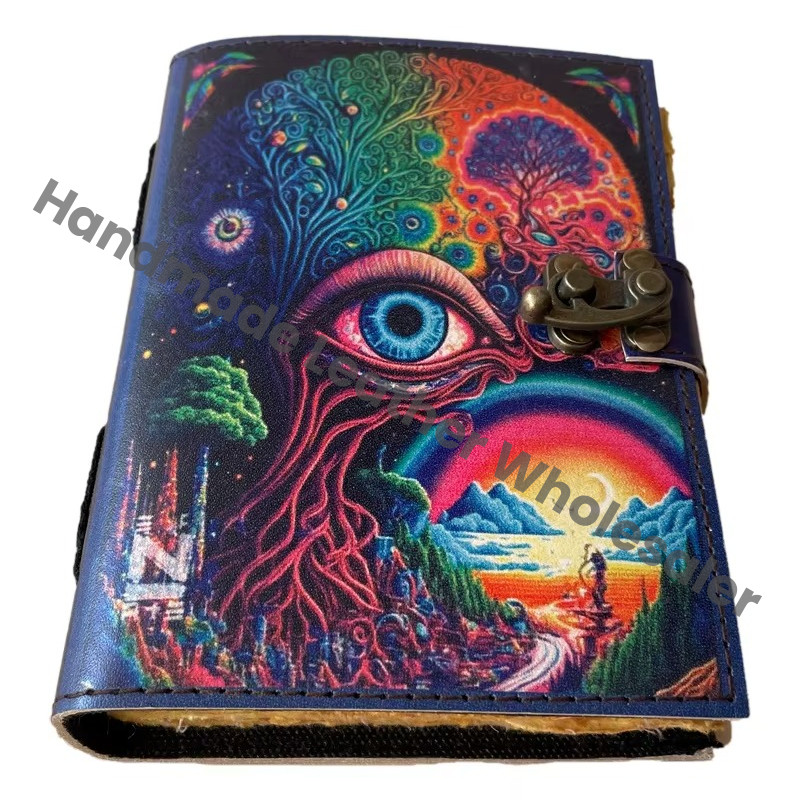 Eye Horus Handmade Leather Hard Cover Printed Journal Retro Collage Poster Design Cotton Vintage Paper Notebook Gift