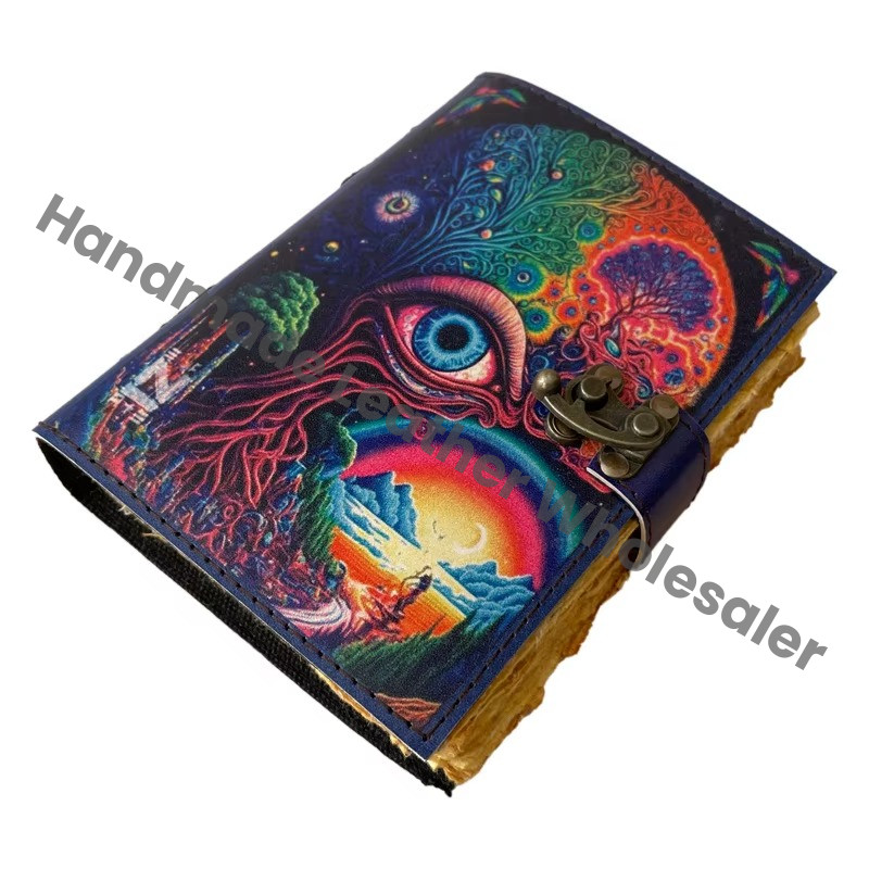 Eye Horus Handmade Leather Hard Cover Printed Journal Retro Collage Poster Design Cotton Vintage Paper Notebook Gift