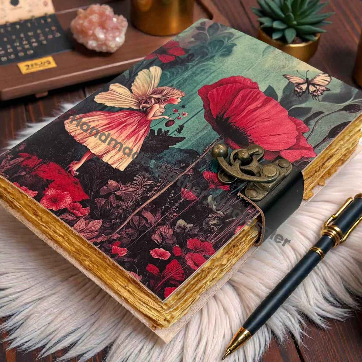 Fairy Flower Vintage Leather Grimoire Notebook –Blank spell Book of Shadows - Witchcraft Magic -Wiccan Pagan diary for Writers