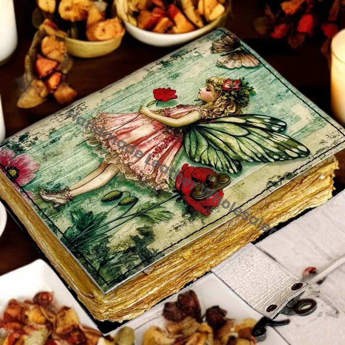 Fairy Leather Grimoire Journal – Handmade Book of Shadows with Lock