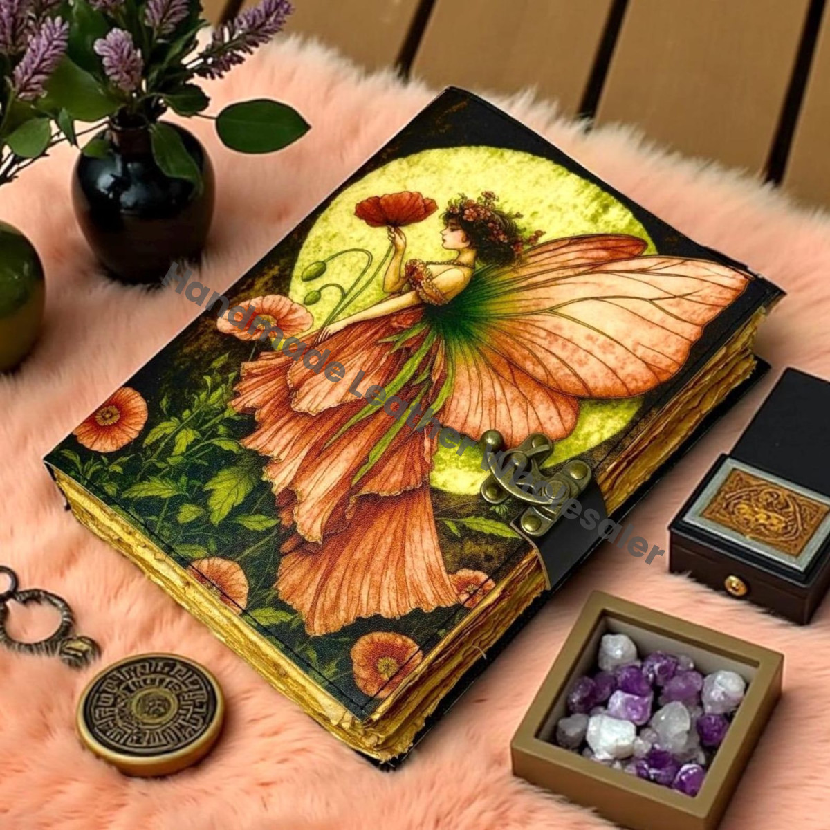 Fairy Leather Grimoire Journal – Book of Shadows, Vintage Witchcraft Spellbook, Wiccan Pagan Gothic Magic Diary