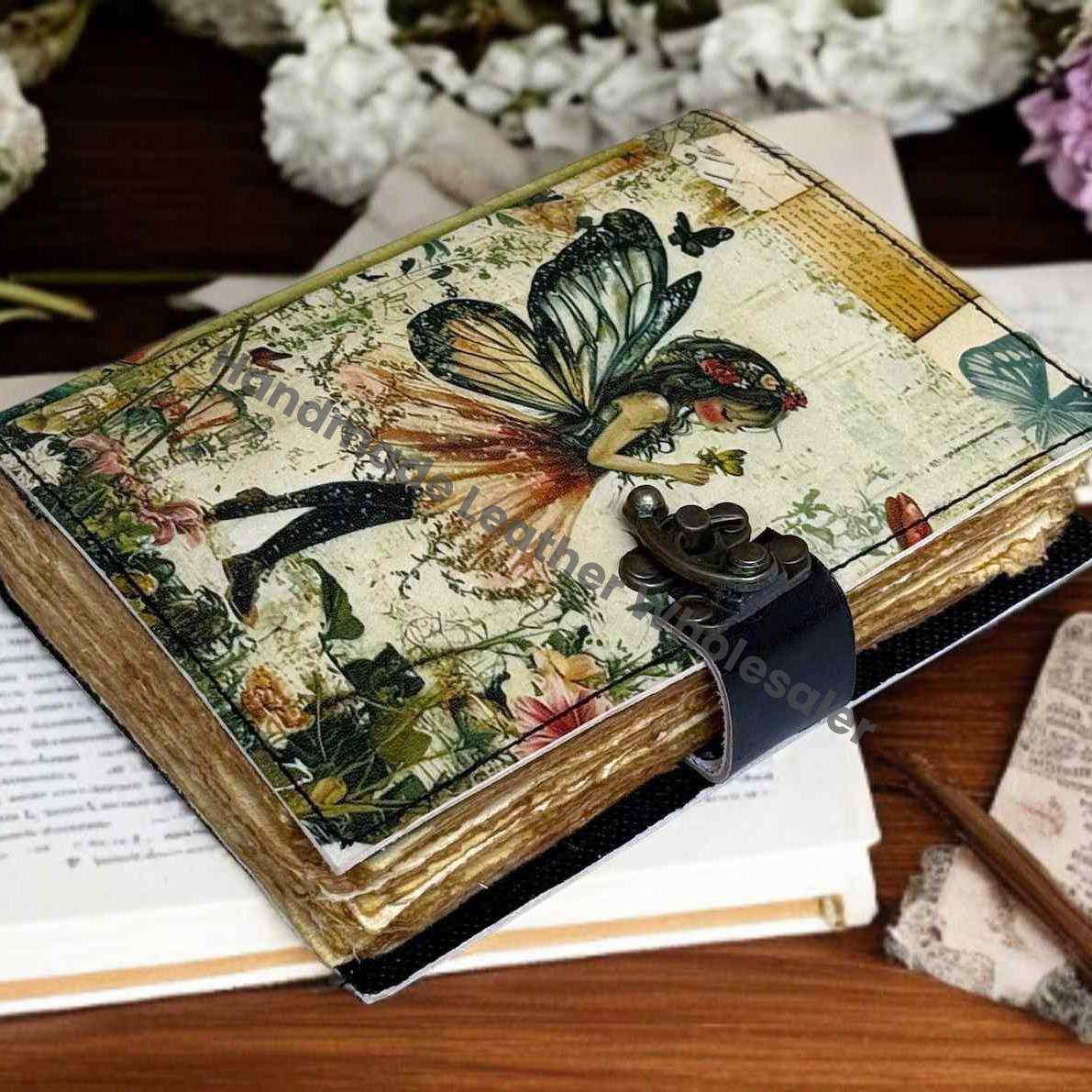 Fairy Leather Journal – Handmade Grimoire, Book of Shadows with Lock