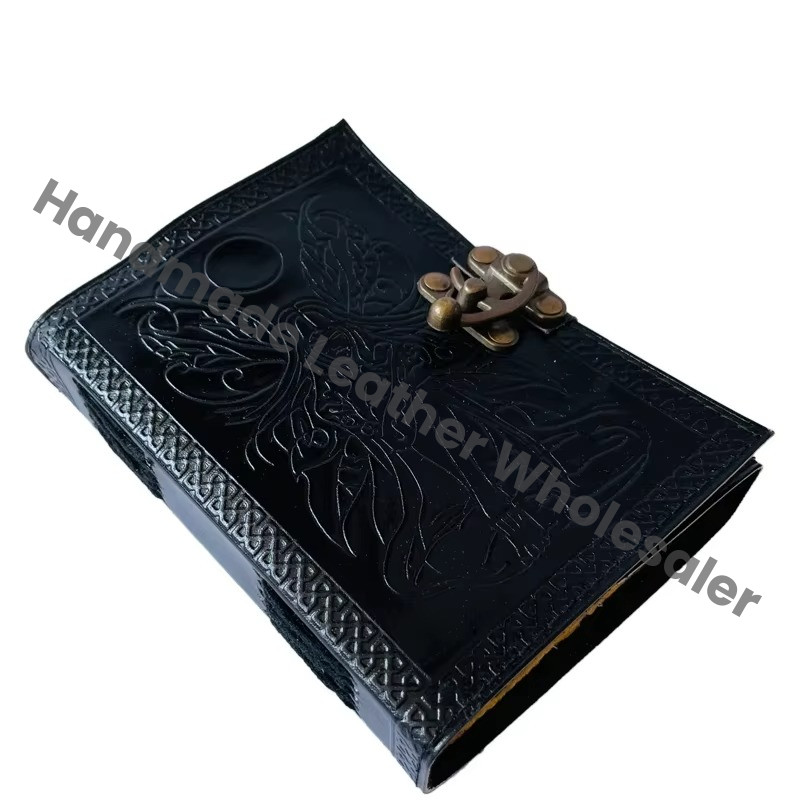 Fairy Leather Journal Vintage Book Spells Sun Moon Women Celtic Writing Black Handmade Embossed Deckle Art Paper Gift