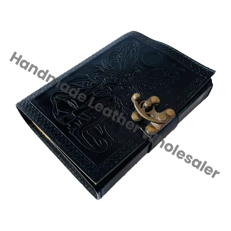 Fairy Leather Journal Vintage Book Spells Sun Moon Women Celtic Writing Black Handmade Embossed Deckle Art Paper Gift