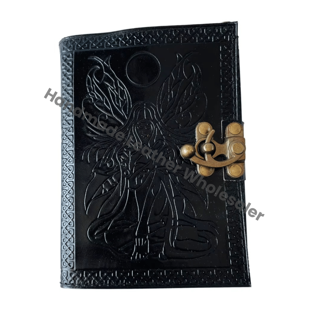 Fairy Leather Journal Vintage Book Spells Sun Moon Women Celtic Writing Black Handmade Embossed Deckle Art Paper Gift