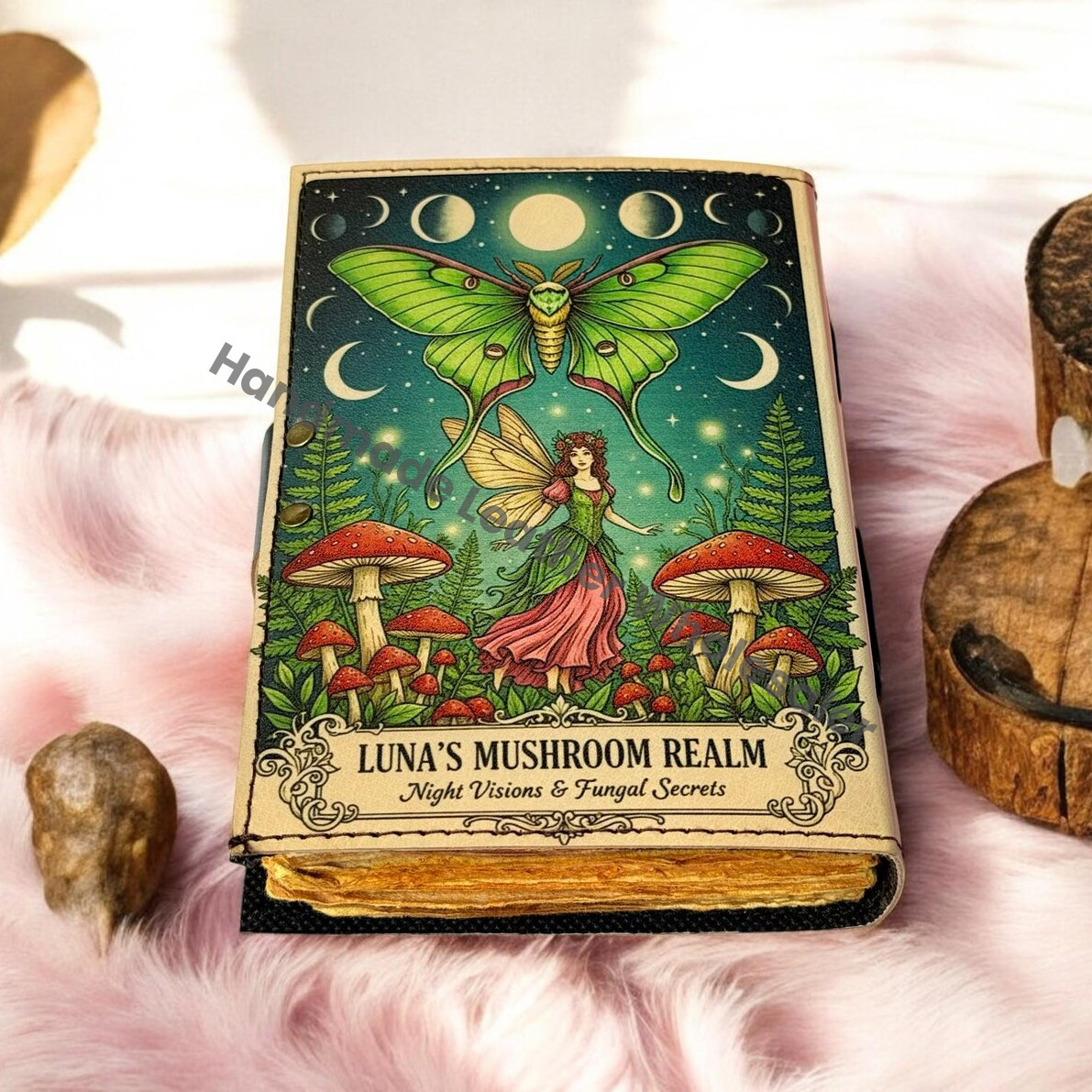 Fairy Luna Moth Leather Grimoire Book of Shadows with Lock, Witchcraft Journal, Spell Book, Wiccan Notebook