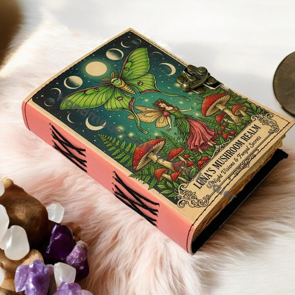 Fairy Luna Moth Leather Grimoire Book of Shadows with Lock, Witchcraft Journal, Spell Book, Wiccan Notebook
