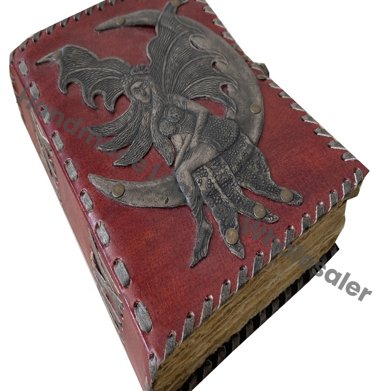 Fairy Moon Leather Journals Antique Charcoal Embossed Vintage Grimoire Large Pages Deckle Edge Paper Book Spell Sketchbook Gift