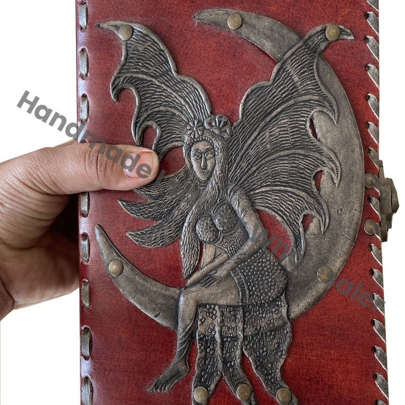 Fairy Moon Leather Journals Antique Charcoal Embossed Vintage Grimoire Large Pages Deckle Edge Paper Book Spell Sketchbook Gift