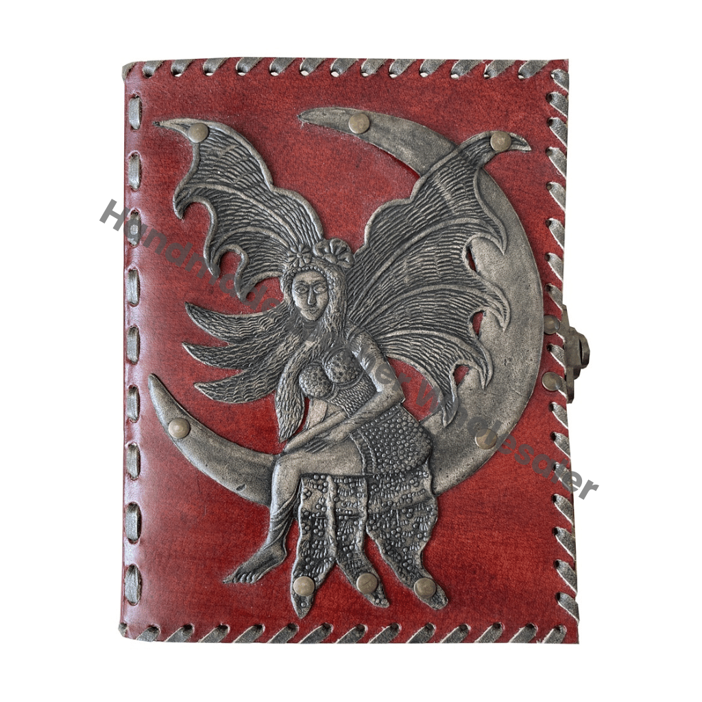 Fairy Moon Leather Journals Antique Charcoal Embossed Vintage Grimoire Large Pages Deckle Edge Paper Book Spell Sketchbook Gift