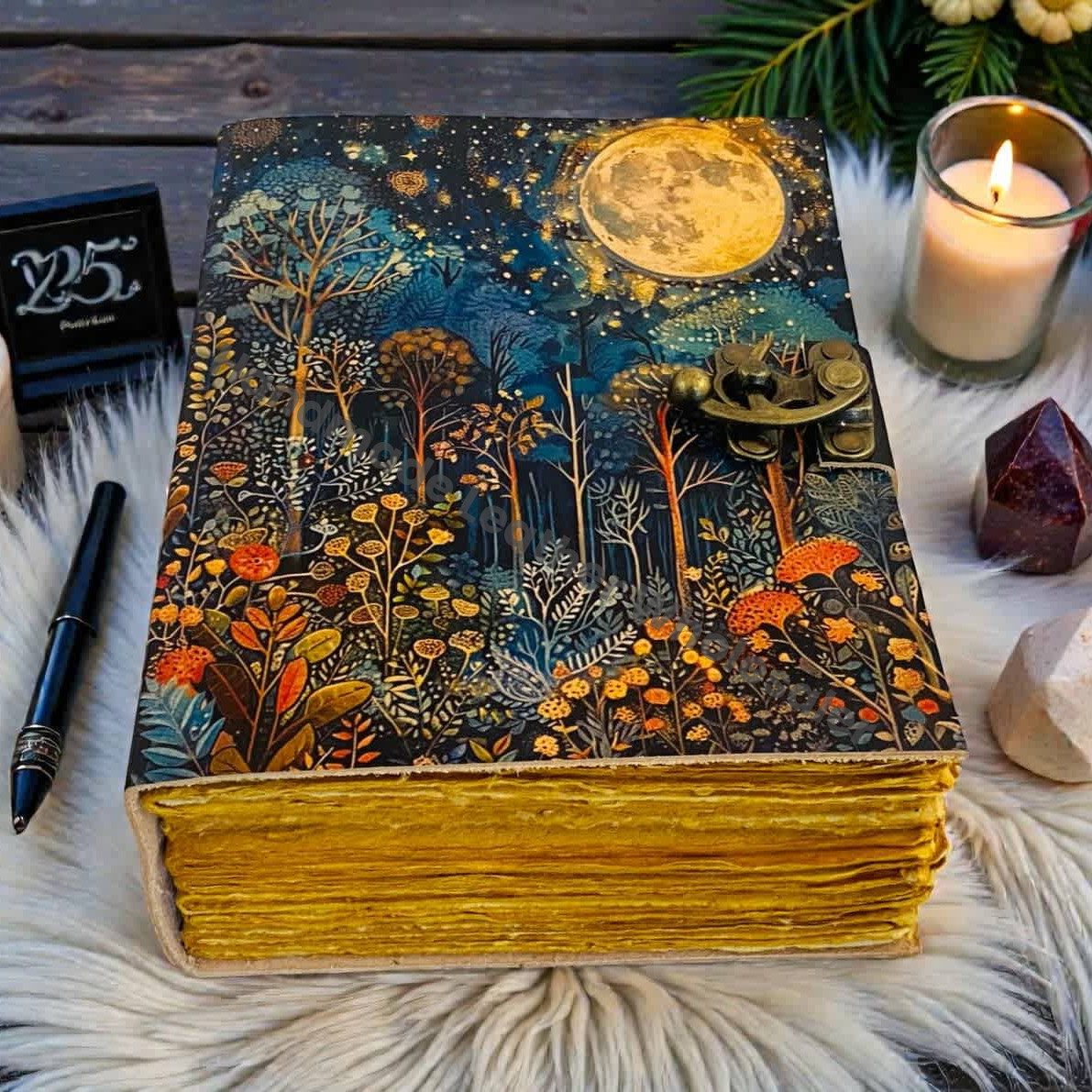 Fairy Night Leather Grimoire | Moon & Tree of Life Design, Handmade Spell Book of Shadows, Vintage Deckle Paper
