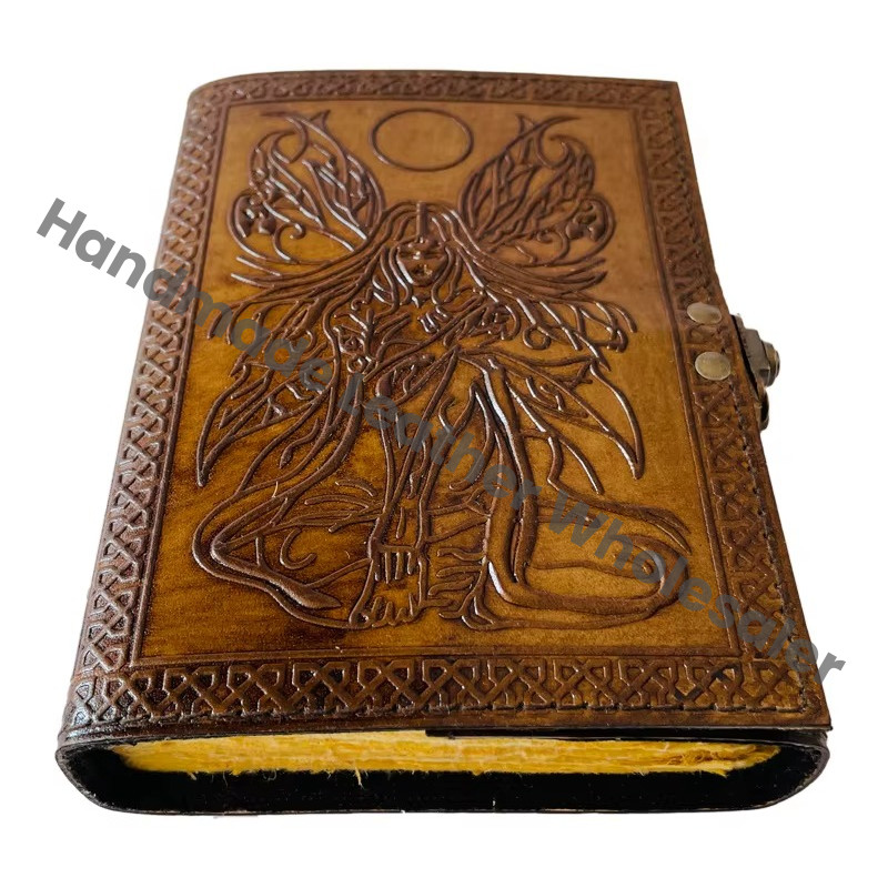 Fairy Women Vintage Leather Book of Spells Celtic Wiccan Journals for Writing Prop Charcoal Handmade Embossed Deckle Art