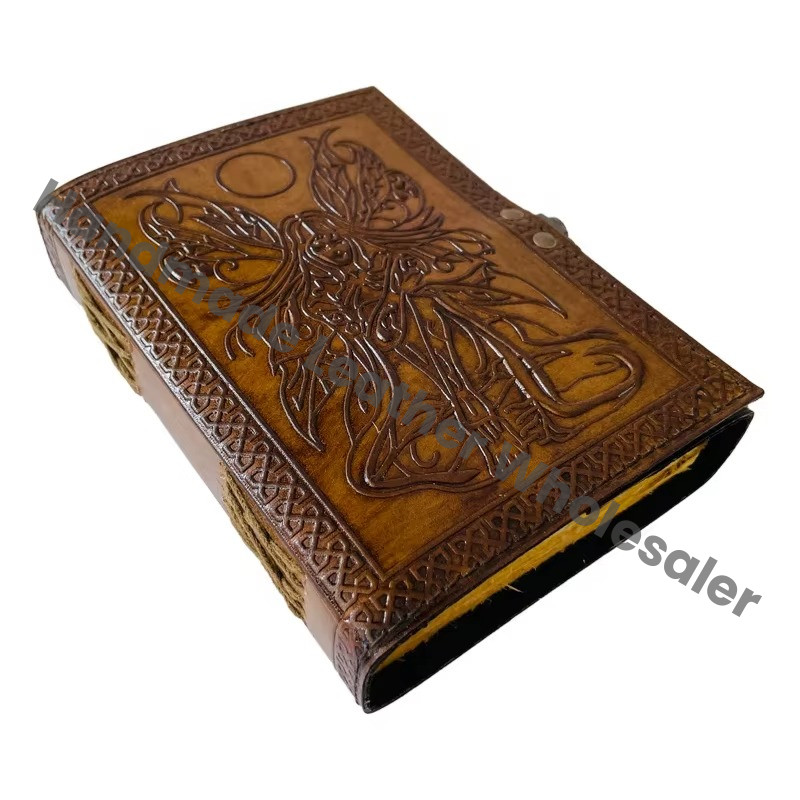 Fairy Women Vintage Leather Book of Spells Celtic Wiccan Journals for Writing Prop Charcoal Handmade Embossed Deckle Art
