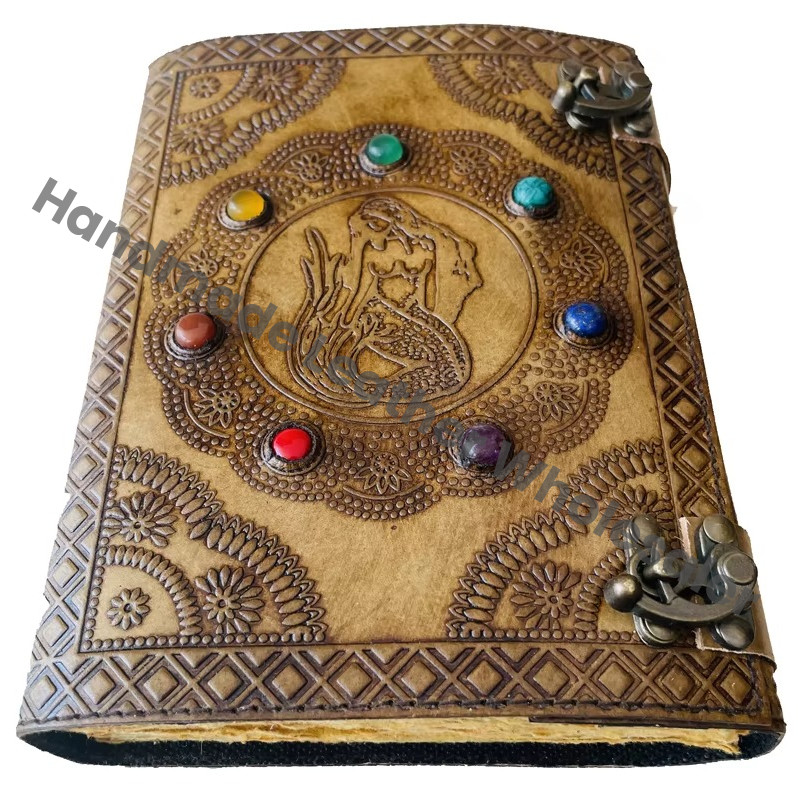 Fantasy Mermaid Grimoire Book Embossed Handmade Leather Journal with Seven Stone Sketchbook Spiral Bound for Gift