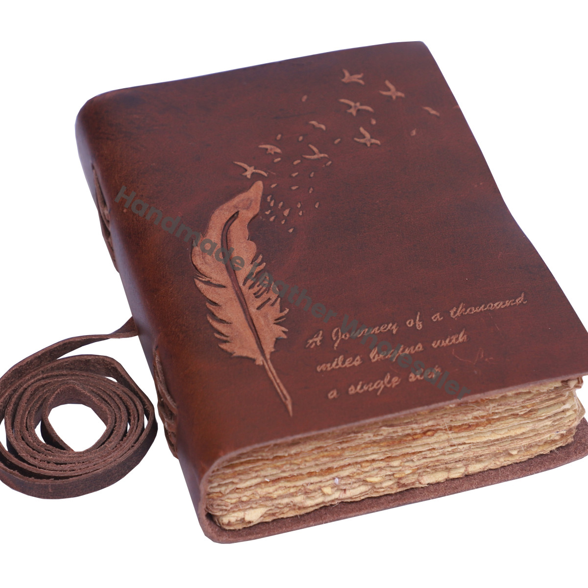 Feather Embossed Handmade Leather Journal Cotton Deckle Edge Paper Leather Diary for Sketch Writing Men & Women