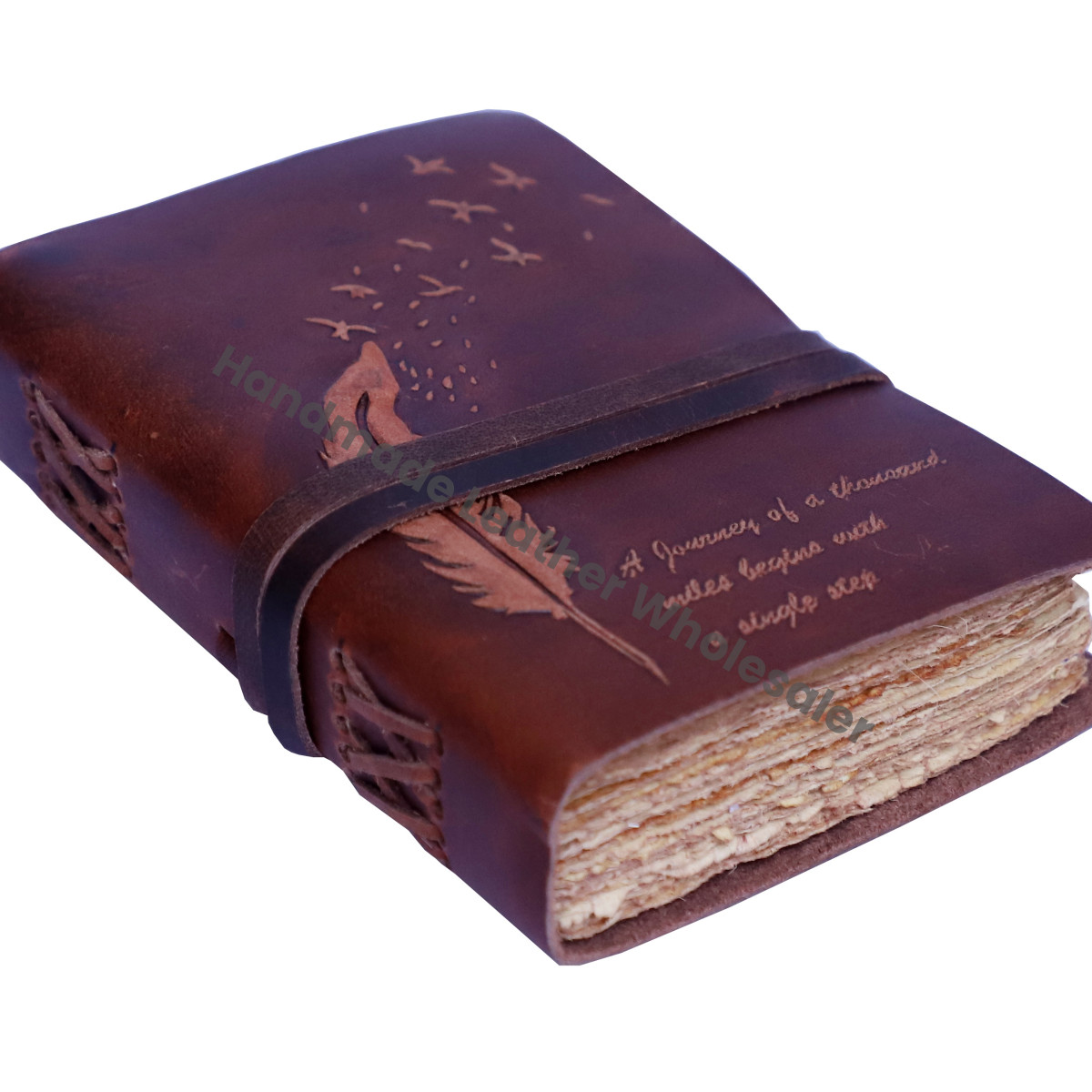 Feather Embossed Handmade Leather Journal Cotton Deckle Edge Paper Leather Diary for Sketch Writing Men & Women