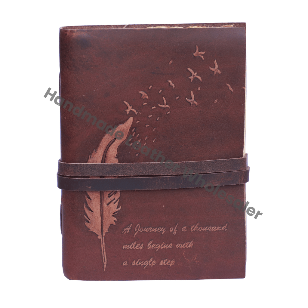 Feather Embossed Handmade Leather Journal Cotton Deckle Edge Paper Leather Diary for Sketch Writing Men & Women