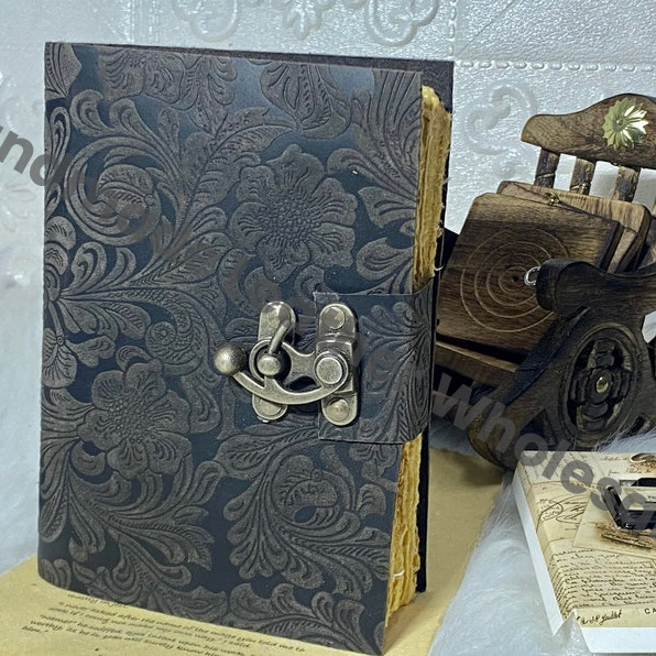 Floral Black Leather Grimoire Journal: Handmade Spellbook with Deckle Edge Paper