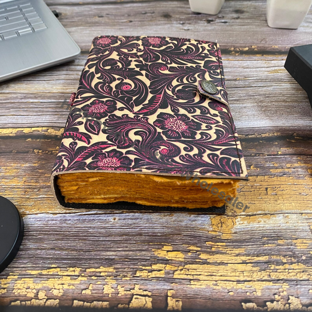 Floral Leather Journal: Handstitched Diary, Sketchbook with Colorful Paper