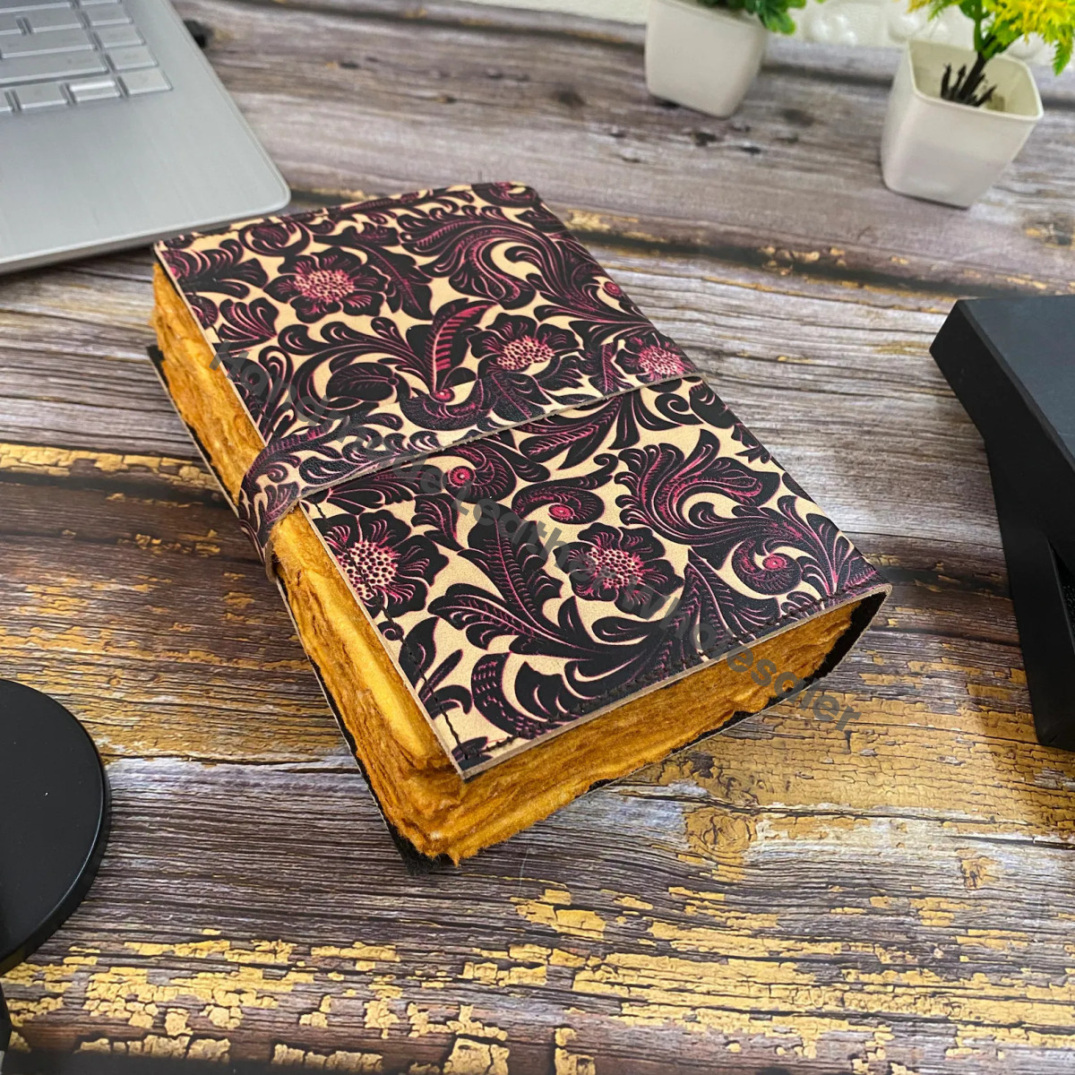 Floral Leather Journal: Handstitched Diary, Sketchbook with Colorful Paper