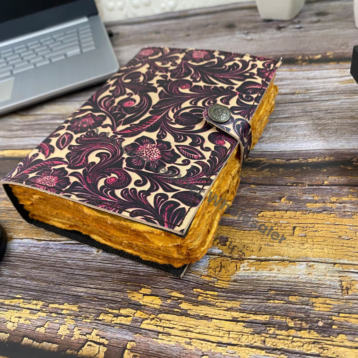 Floral Leather Journal: Handstitched Diary, Sketchbook with Colorful Paper