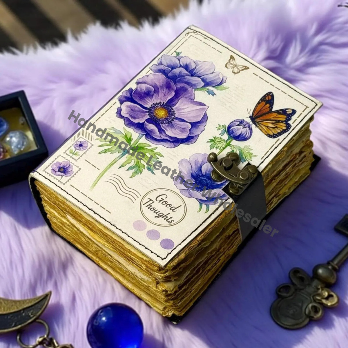 Floral Leather Journal with Lock – Botanical Vintage Diary, Deckle Edge Paper, Witchcraft Spellbook, Wiccan Pagan Gothic Gift, DnD