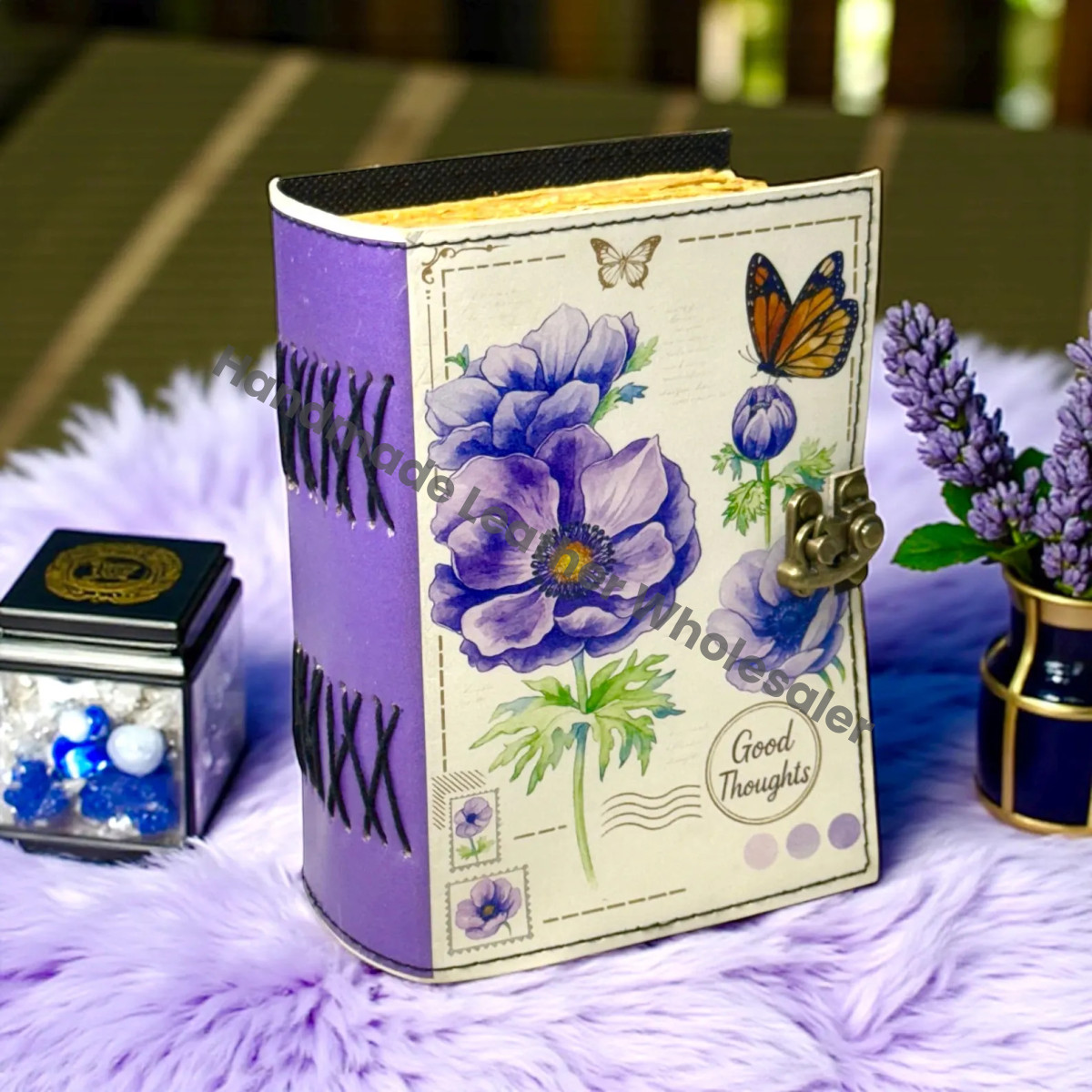 Floral Leather Journal with Lock – Botanical Vintage Diary, Deckle Edge Paper, Witchcraft Spellbook, Wiccan Pagan Gothic Gift, DnD