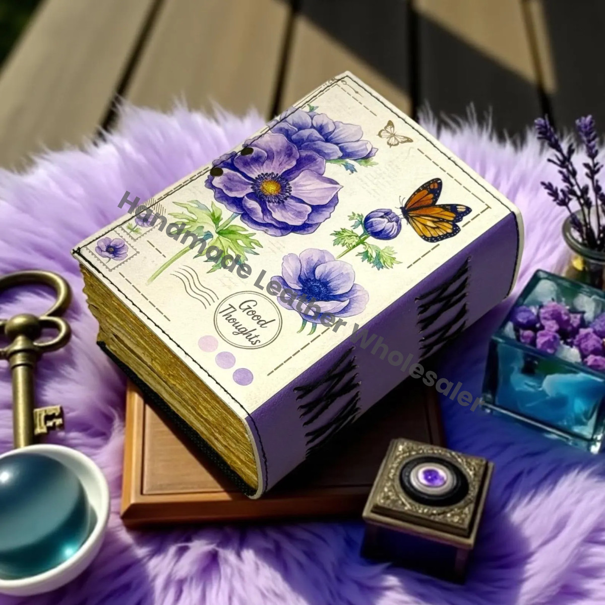 Floral Leather Journal with Lock – Botanical Vintage Diary, Deckle Edge Paper, Witchcraft Spellbook, Wiccan Pagan Gothic Gift, DnD