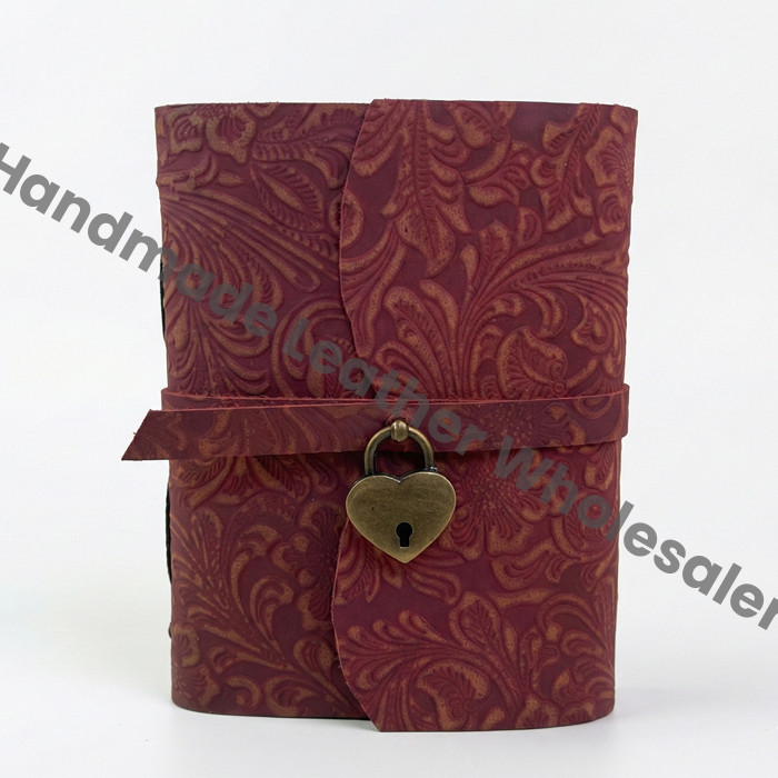 Flower Embossed Leather Journal with Heart Lock – Handmade Deckle Paper Diary