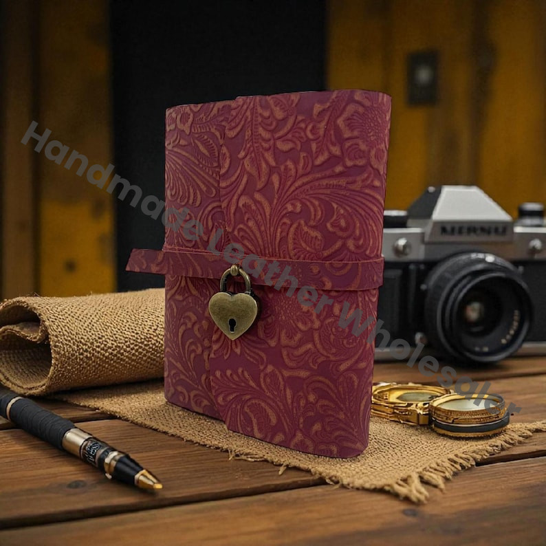 Flower Embossed Leather Journal with Heart Lock – Handmade Deckle Paper Diary
