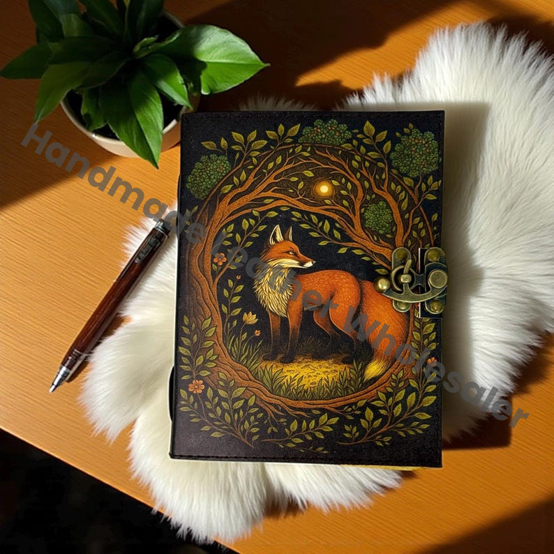 Fox Leather Grimoire – Book of Shadows, Vintage Witchcraft Spellbook, Refillable Wiccan Pagan Gothic Journal, Gift for Him & He