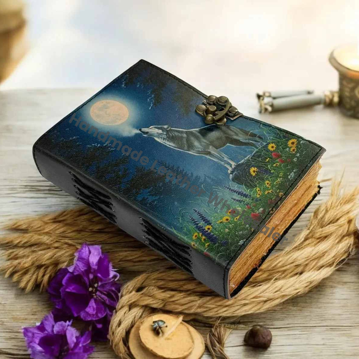 Fox Leather Grimoire | Handmade Spell Book of Shadows, Thick Vintage Deckle Paper Journal, Unique Fox