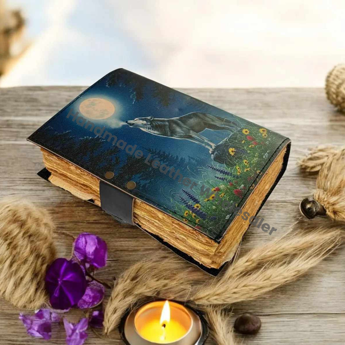 Fox Leather Grimoire | Handmade Spell Book of Shadows, Thick Vintage Deckle Paper Journal, Unique Fox