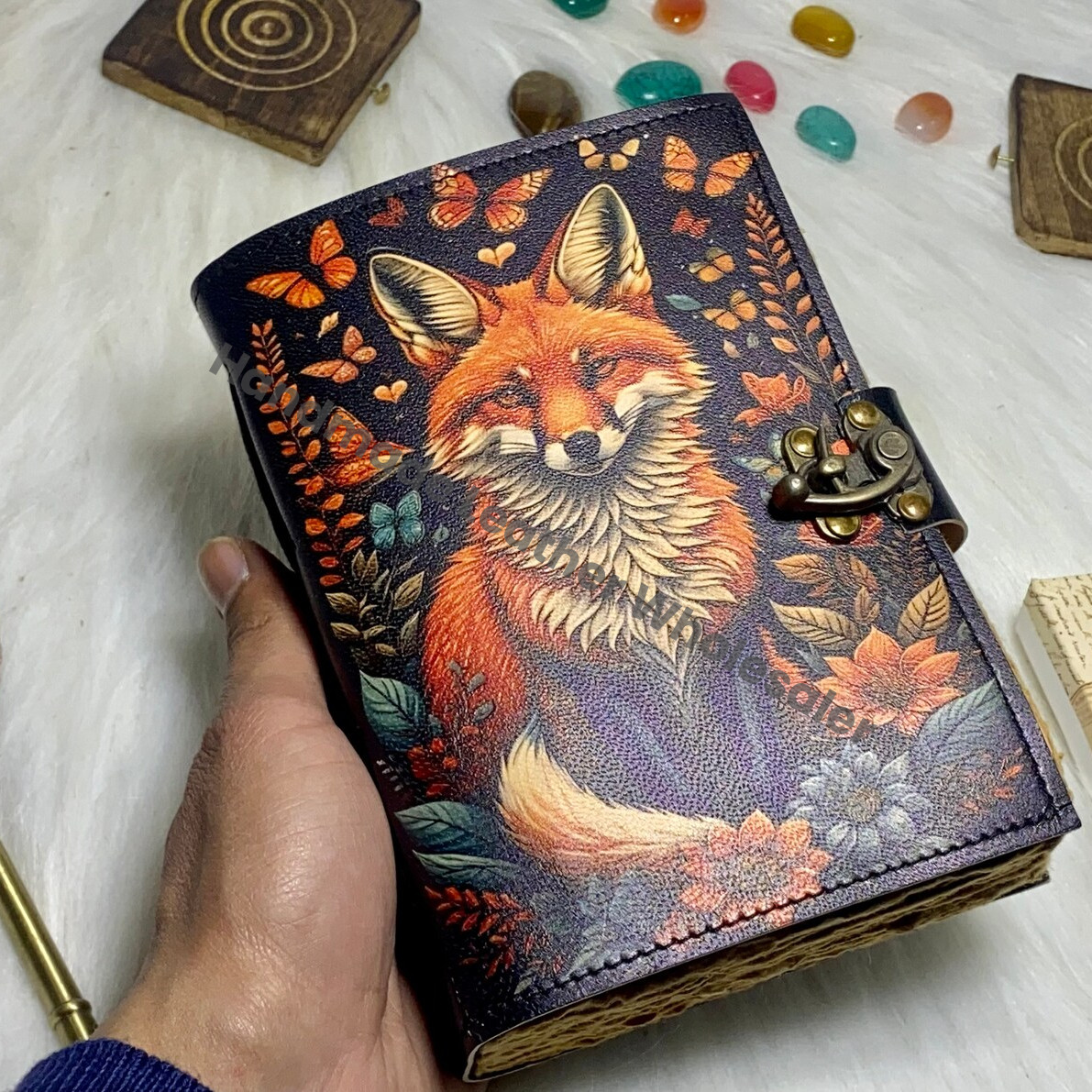 Fox Leather Journal: Handmade Grimoire Book of Shadows with Deckle Edge Paper