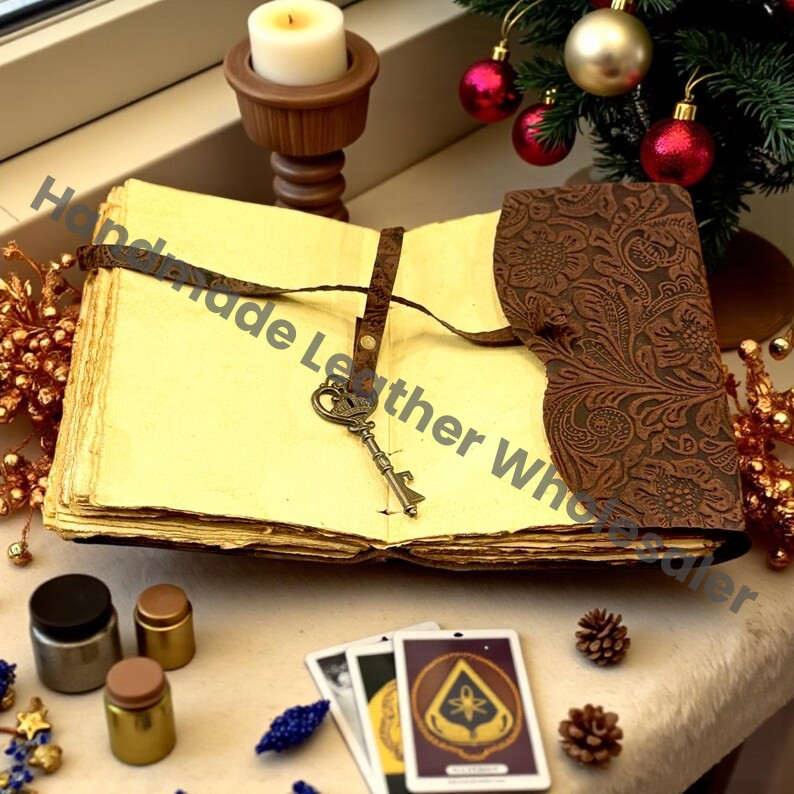 Garden Flower Leather Journal Handmade Green Grimoire, Vintage Deckle Edge Book of Shadows, Wiccan Spellbook & Witchcraft Diary, Witchy Gift