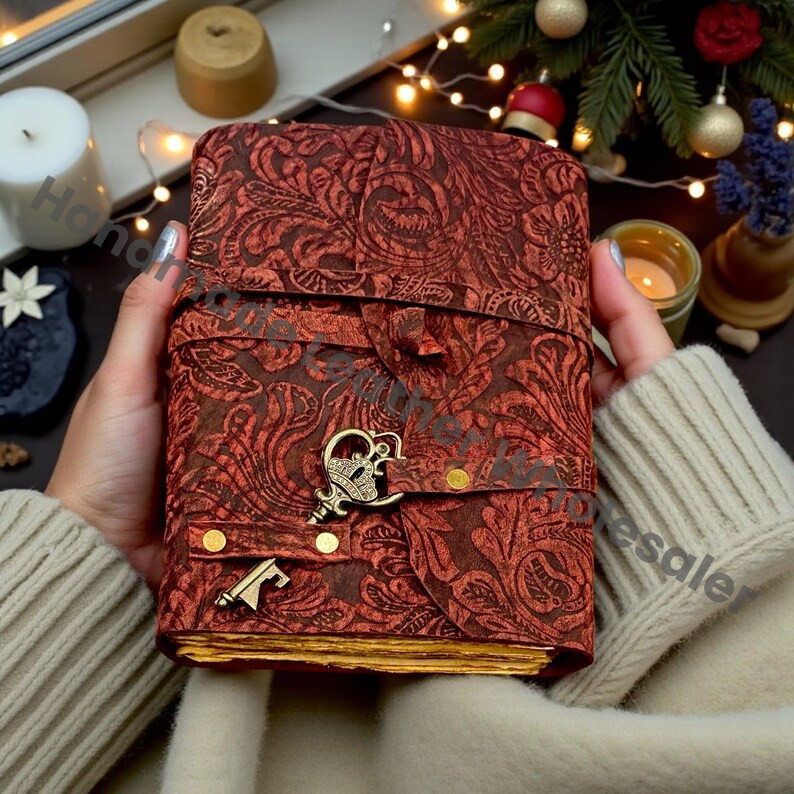 Garden Flower Leather Journal Handmade Green Grimoire, Vintage Deckle Edge Book of Shadows, Wiccan Spellbook & Witchcraft Diary, Witchy Gift