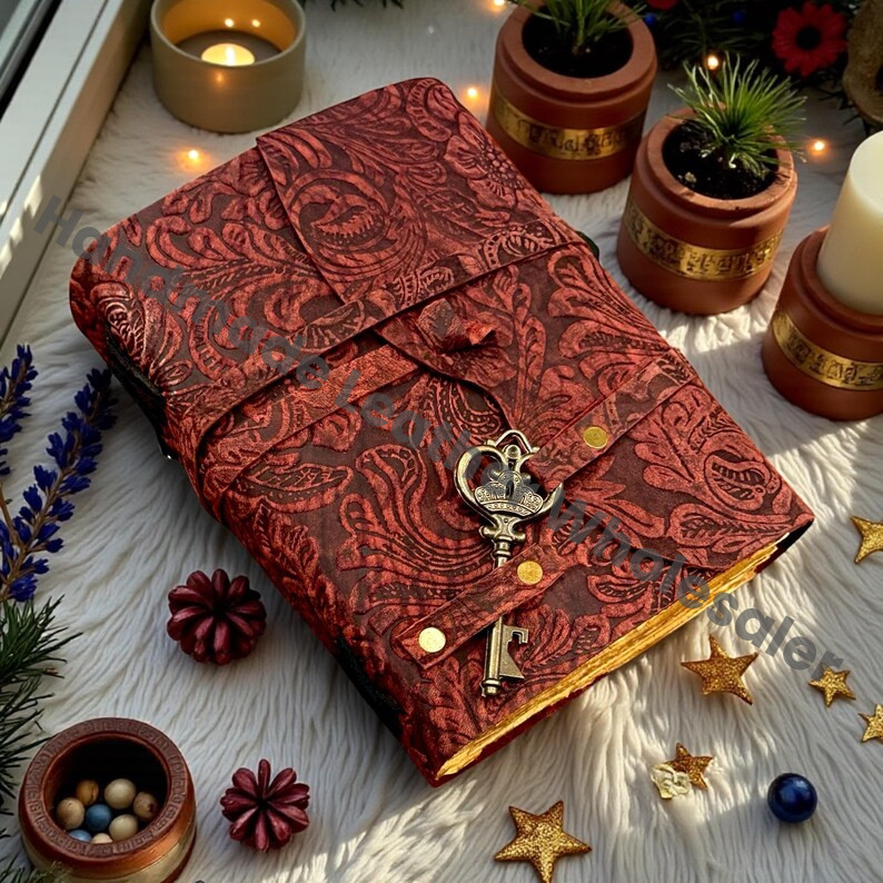 Garden Flower Leather Journal Handmade Green Grimoire, Vintage Deckle Edge Book of Shadows, Wiccan Spellbook & Witchcraft Diary, Witchy Gift